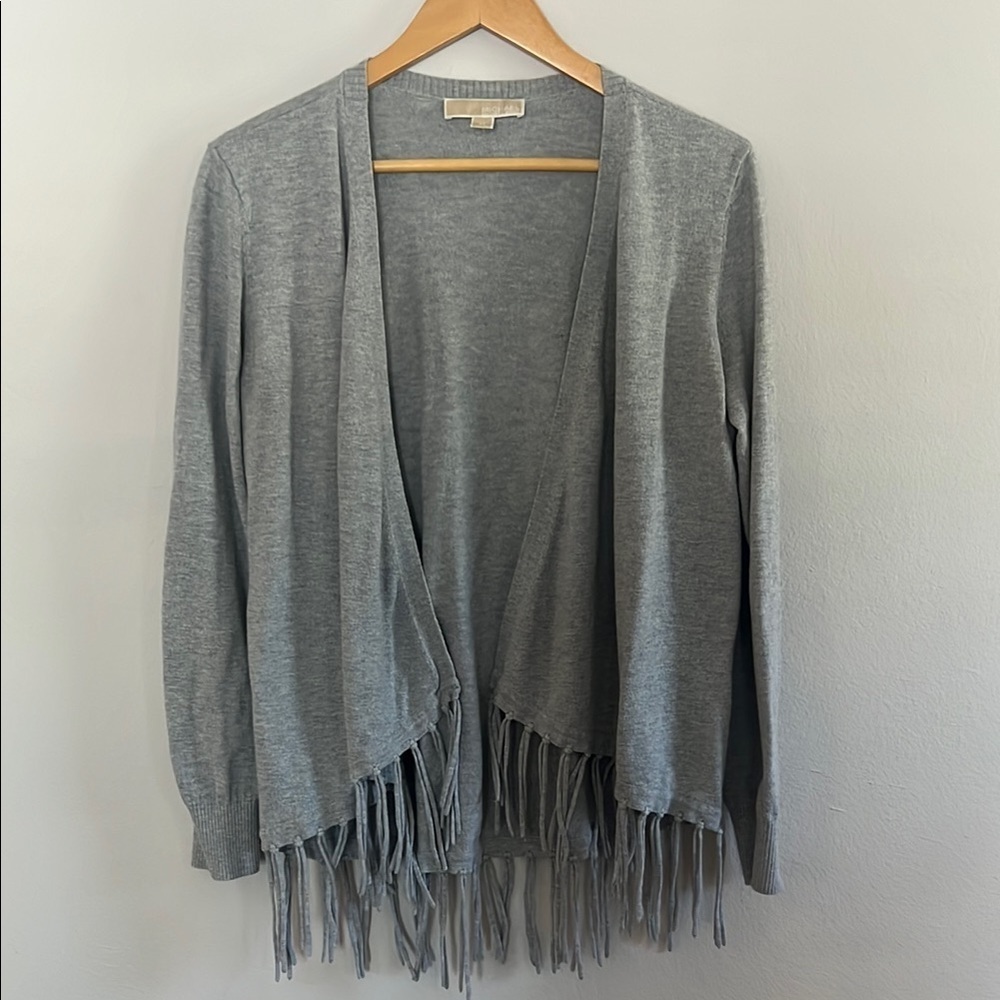 MICHAEL KORS Fringe Open Front Cardigan Sweater High Low Hem Grey